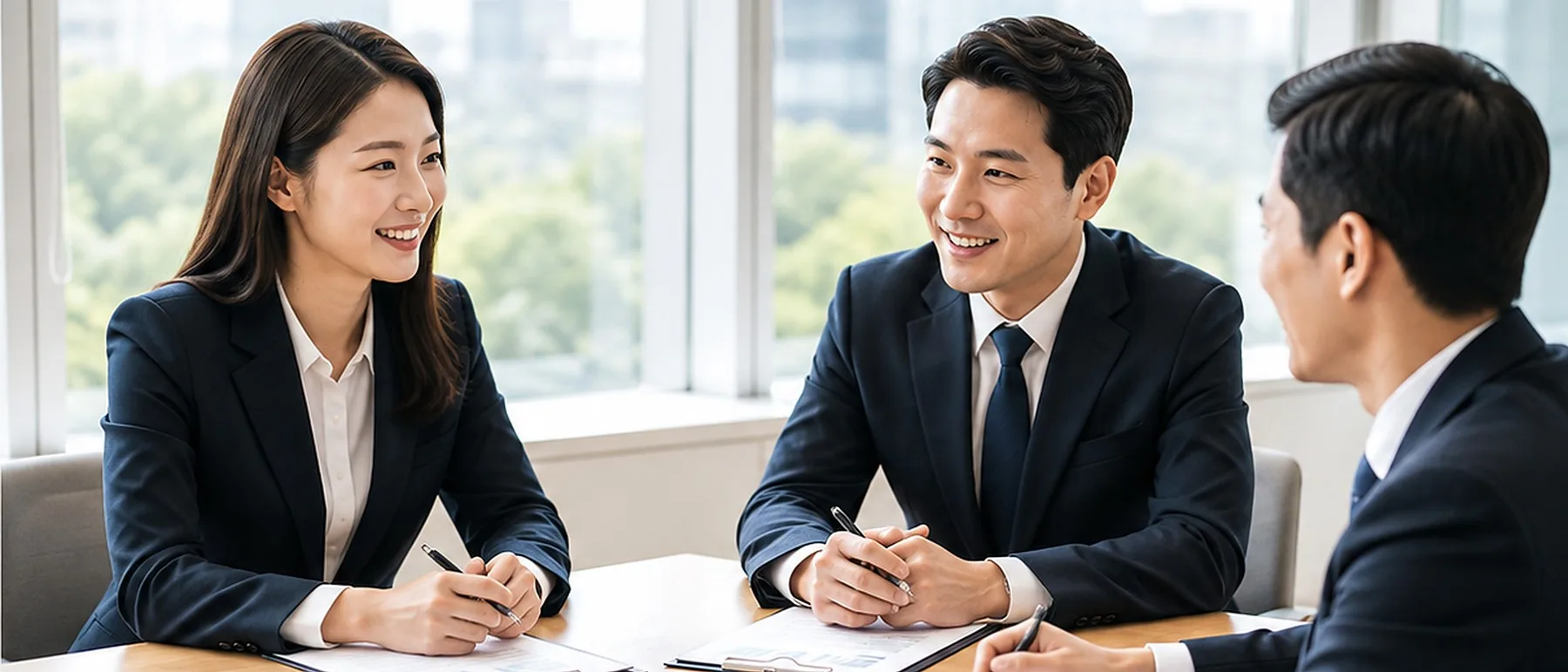 회의실에서 자료를 놓고 상담하는 담당자들